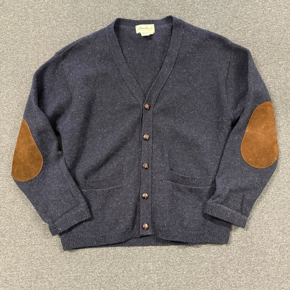 Vintage Eddie Bauer Cardigan Mens Large Blue Good Suede Elbow Patch Wool USA
